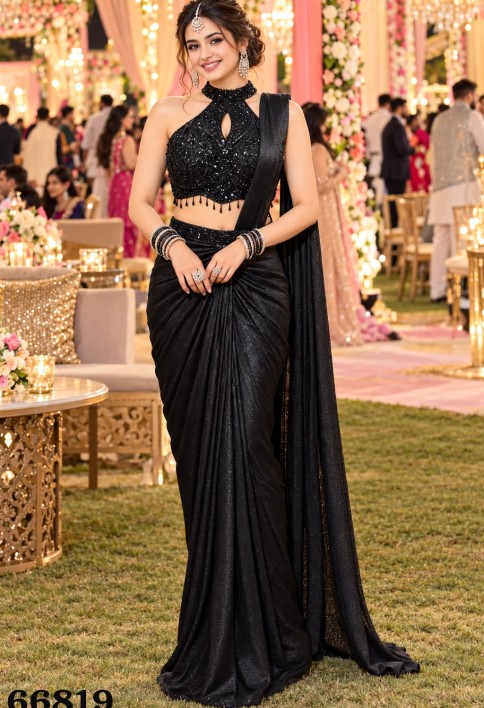 Embroidered and Sequins Work Crush Classic Sari In Black Colour
